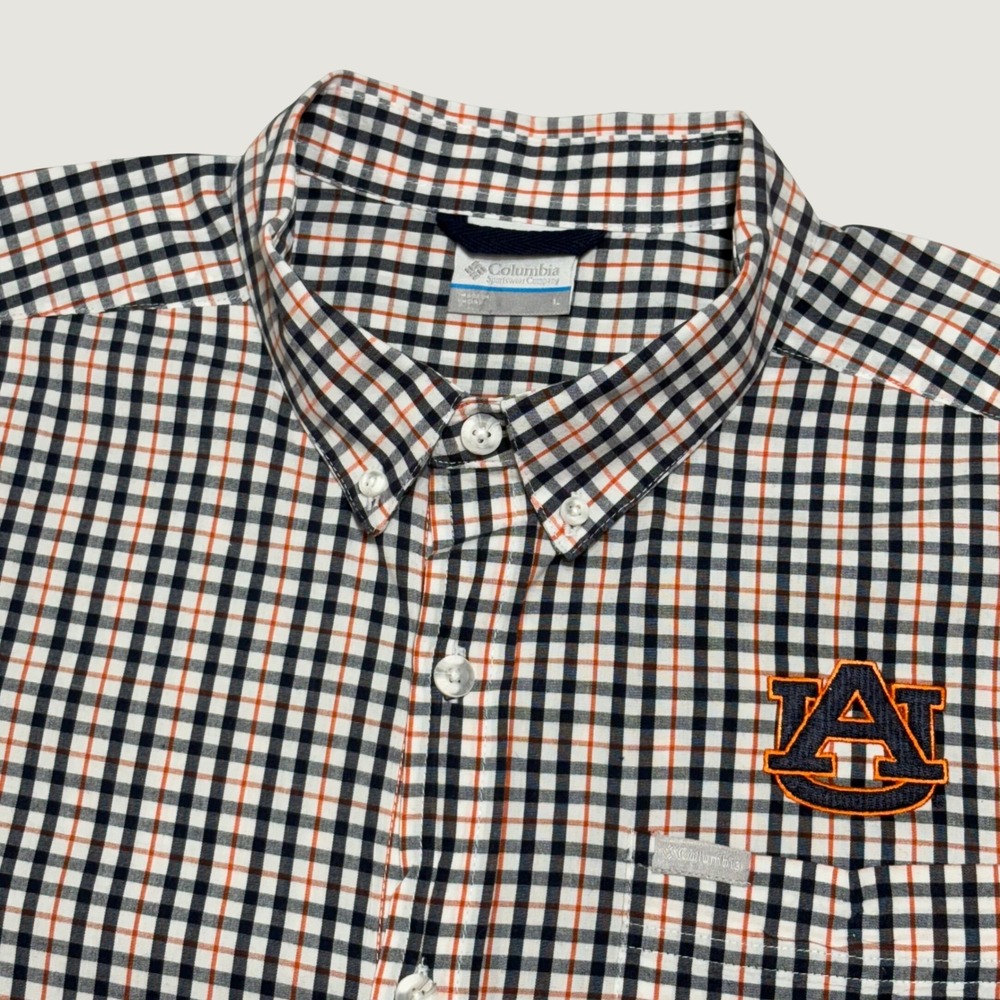 Columbia Auburn Tigers Button Down Shirt Mens Large Navy Orange Plaid NCAA Logo